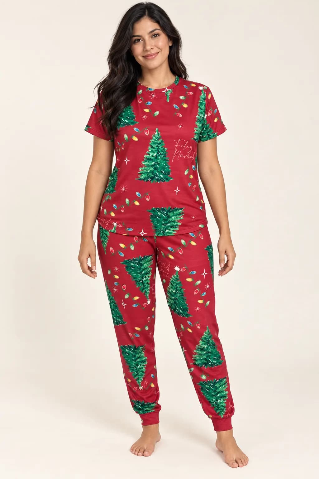 Pijama Pantalon Pinos y Luces Mujer, color rojo, foto 1 de 1