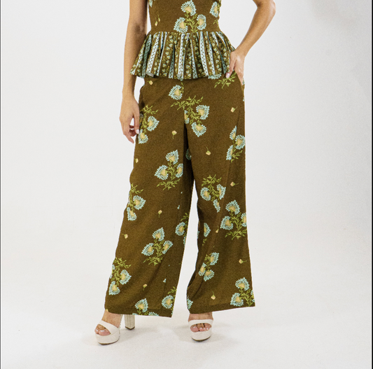 PANTALON LUZ MARRON - FLORES PASTELES
