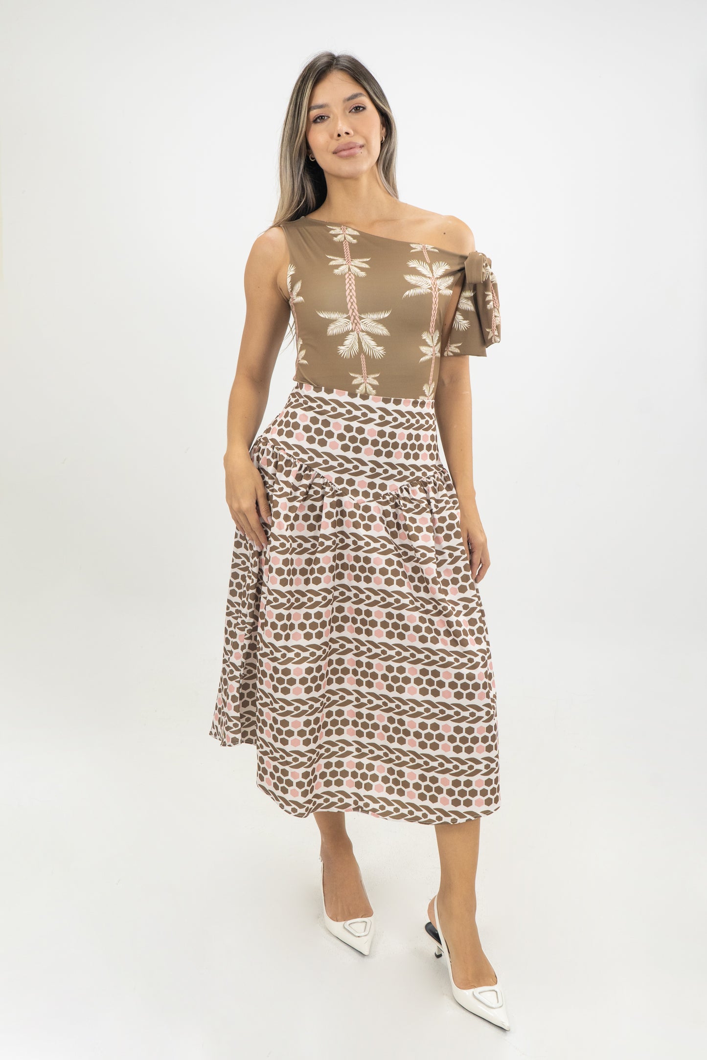 FALDA LUANA PALMERAS - COLOR BEIGE