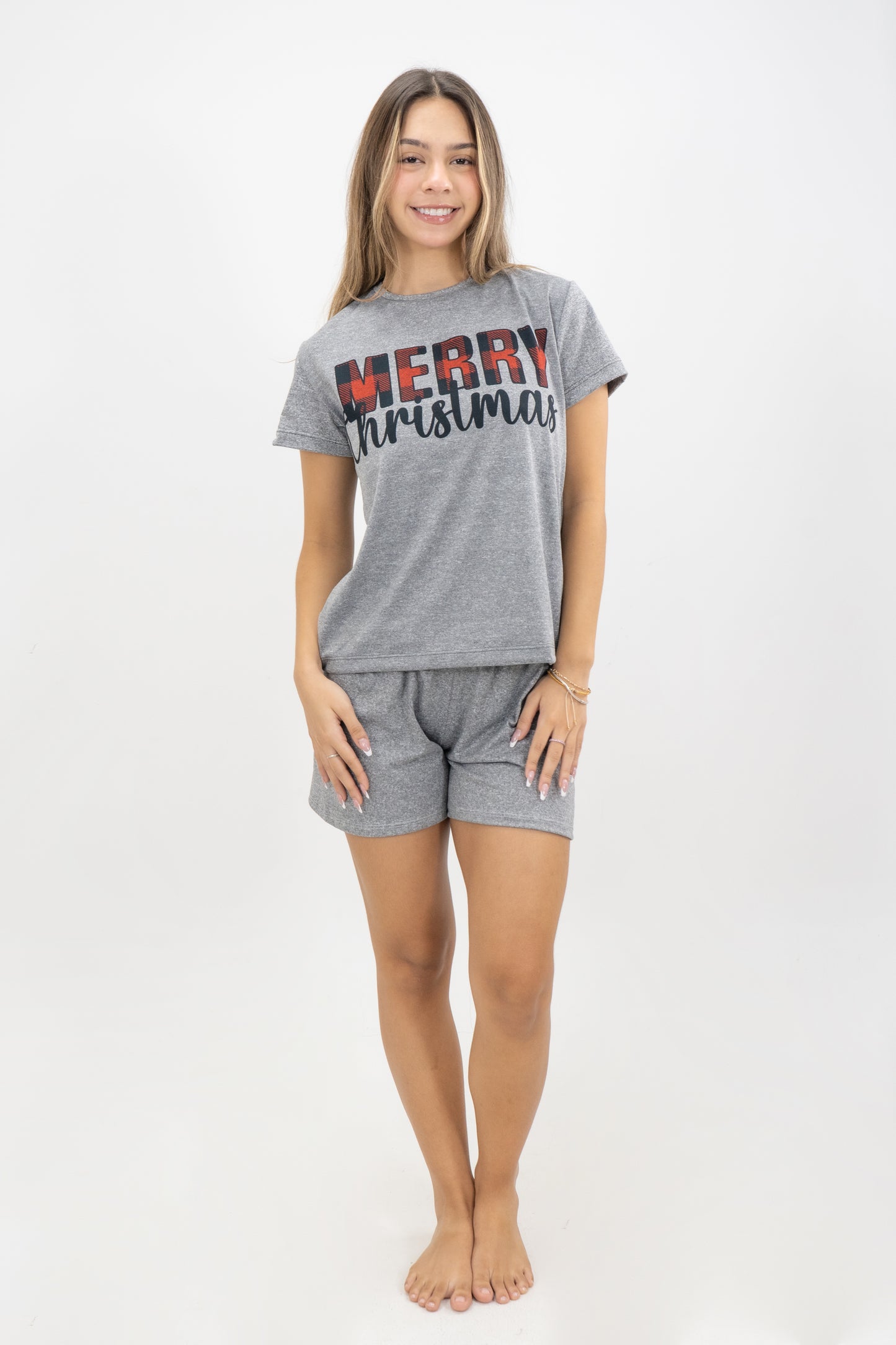 PIJAMA SHORT MUJER CUADROS GRIS JASPE I